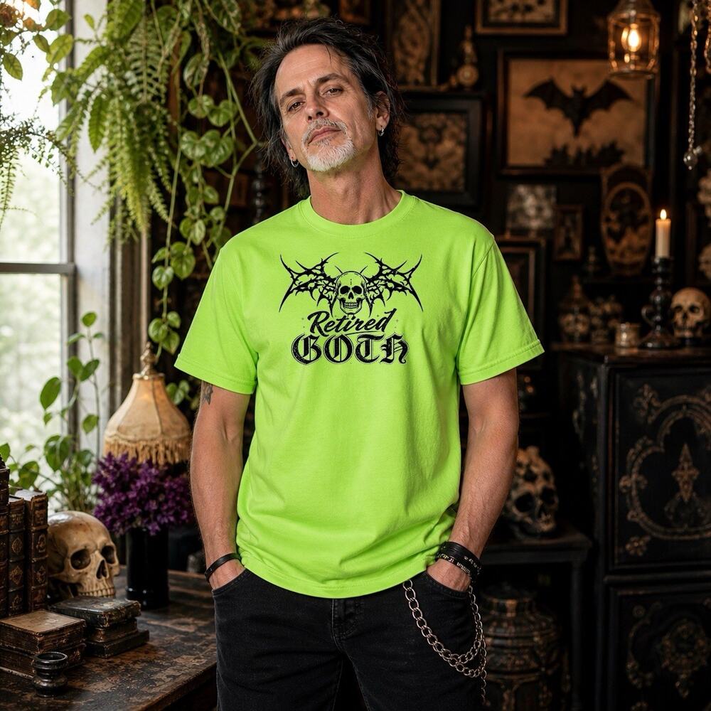 Retired Goth Retro T-Shirt Skater Biker Punk Y2K Black On Neon Green Size Small